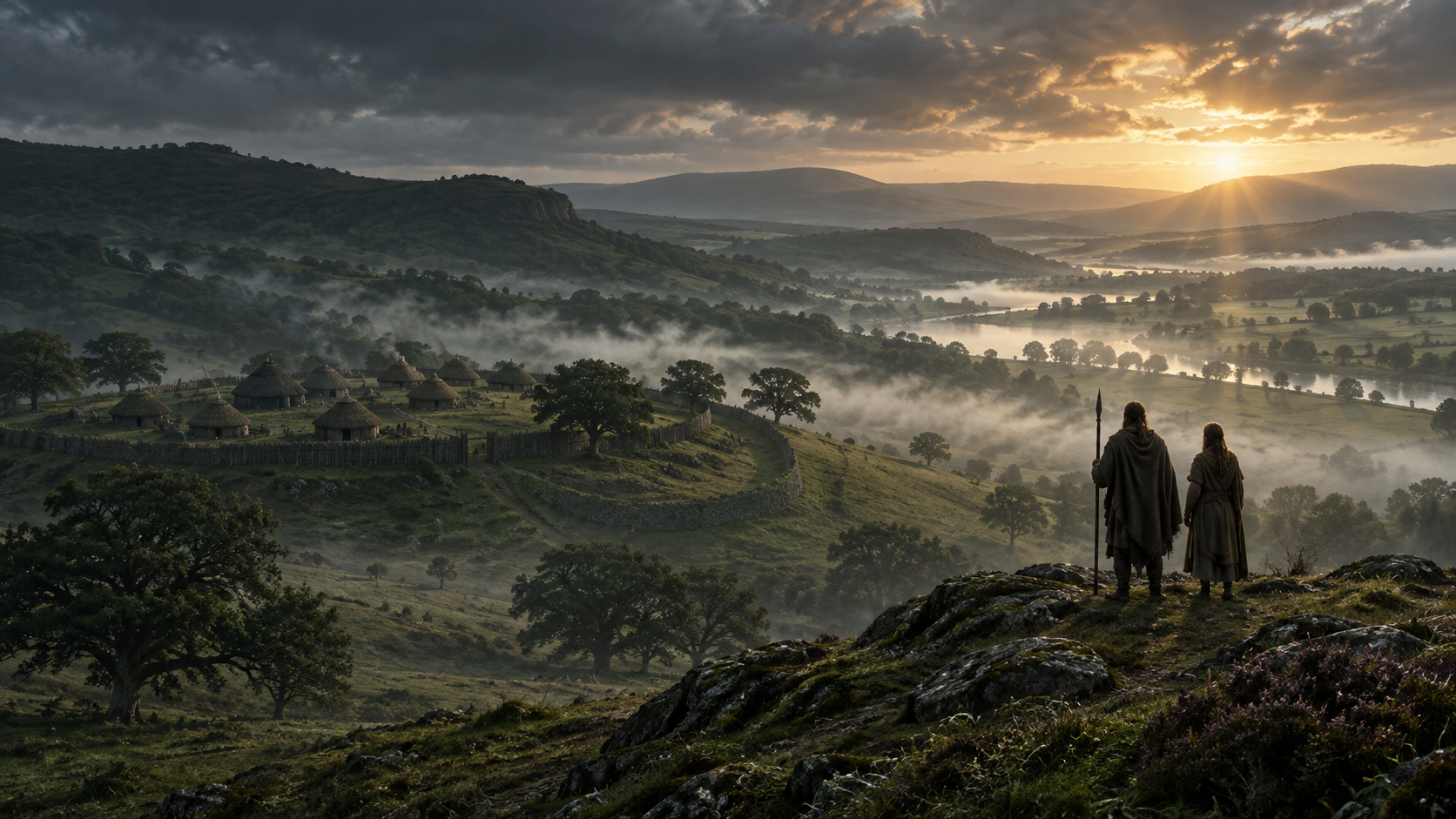 Celtic settlement in a misty green valley at dawn