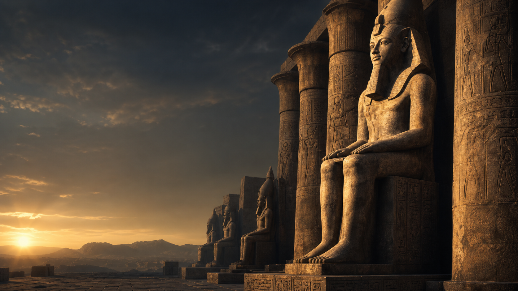 Digital artwork of an Egyptian pharaoh seated before a temple